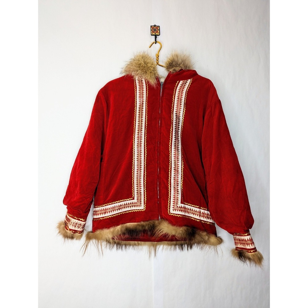 Vintage Sportscaster Women's Red Velvet Fur Hooded Jacket Size Medium